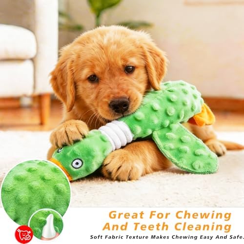 Squeaky Dog Toys for Aggressive Chewers, Durable Stuffed Animal Plush Dog Toy with Soft Fabric for Large, Medium & Small Dogs, Interactive Puppy Chew Toy for Teething, Crinkle Duck Dog Toy - Green