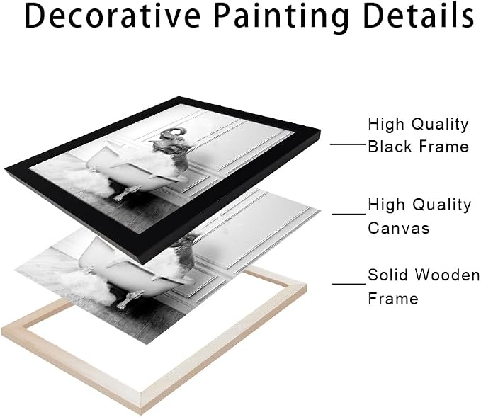 Framed Bathroom Art Wall Decor Elephant in Bathtub Decor Funny Black and White Animal Canvas Print Paintings for Bathroom