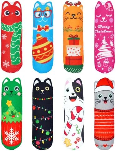 PET SHOW 8 Pack Christmas Cat Kicker Toys with Catnip Crinkle Sound Toys for Indoor Cats Xmas Santa Gift Patterns Plush Kittens Shape Natural Interactive Pet Kitty