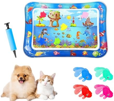 2026 Upgraded Cat Water Mat – 5-Layer Anti-Scratch Leak-Proof Sensory Play Mat for Indoor Cats, BPA-Free Cooling Water Pad, Interactive Enrichment Toy (S4, 66 * 47CM, 4 Fish + Pump Included)