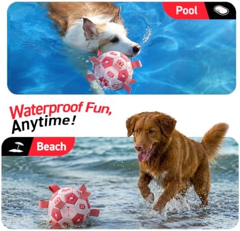 QDAN Dog Birthday Toys, Pink Soccer Ball with Straps, Interactive Tug of War Toy, Puppy Birthday Gifts, Water Toy, Durable Dog Balls for Medium Large (8 Inch)