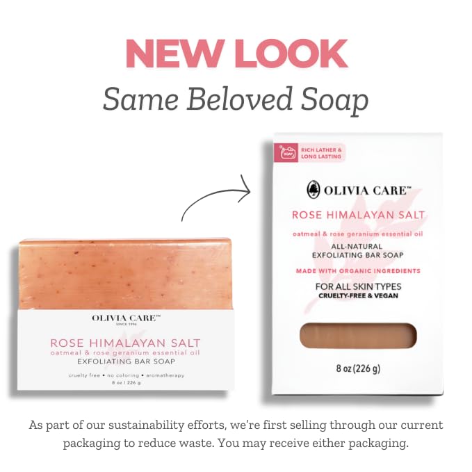 Olivia Care Exfoliating Bar Soap, Rose Himalayan Salt, 100% Natural, Organic Ingredients, Clean Energize Mind Body, Full of Vitamin & Antioxidants, Aromatherapy with Oatmeal (Rose Himalayan Salt)