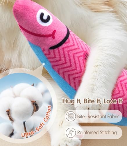 PetBusy Cat Toys with[5000mg A+Natural Catnip &Silvervine] [Baby Grade] Interactive Soft Chew Kicker Cat Toys for Indoor Cats & Kittens, [Crinkle &Bell] Fish Sound Toy, Drives Bored Cat Crazy with Fun