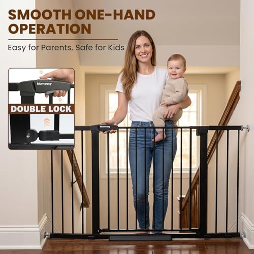 Mumeasy 36-58" Extra Wide Baby Gate for Stairs, 30" Tall Walk Through Dog Gate for Doorways & Hallways, Auto Close Pressure Mounted Safety Gate for Toddlers & Pets, Dual Swing Child Gate Indoor, Black