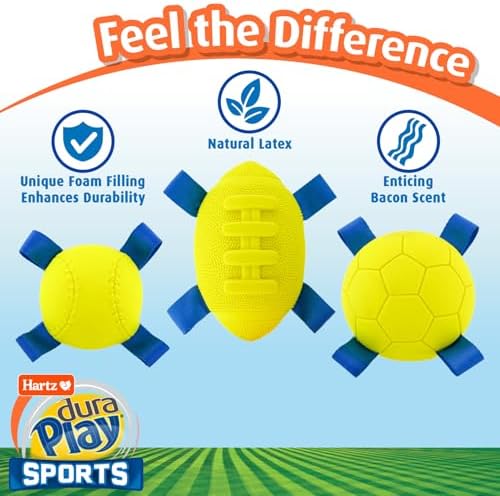 Hartz Dura Play Sports Football Dog Toy, Bacon Scented Squeaky Latex Yellow & Blue Toy, 3 Count