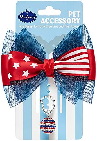 Blueberry Pet American Flag Accessory Set of Bow Collar Slide Hair Clip and Pedant for Dogs & Cats, USA Flag Bowtie and Disco Ball Tag