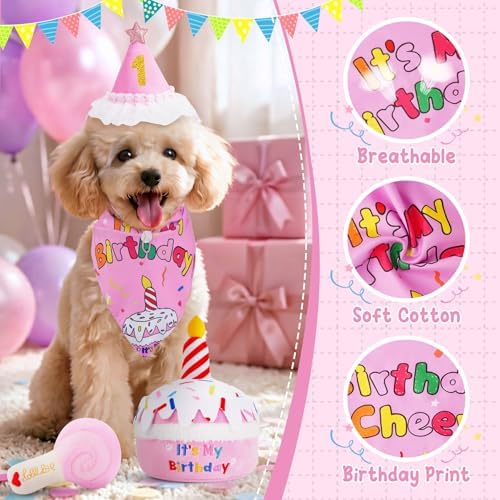 KIPRITII Dog Birthday Supplies with Cake Toys, Bandana & Hat for Small Dog
