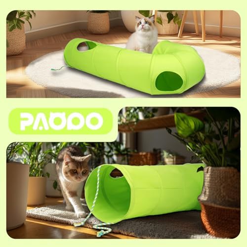 Cat Tunnel, 2-Way Collapsible Cat Tube with Interactive Peek-A-Boo Hole, Toy Ball, and Rope – Ideal for Indoor Cats, Kittens, and Rabbits (Green)