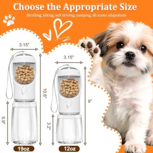 Portable Dog Water Bottle with Food Container, White, 12oz