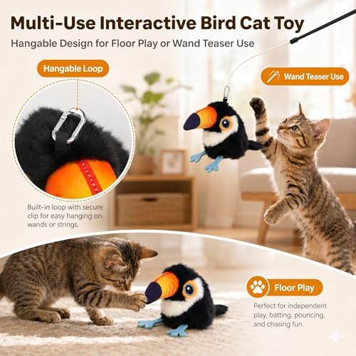 Flapping Bird Cat Toy, Toucan Plush Touch Activated Bird Chirp Cat Toy with Refillable Catnip, USB Rechargeable Interactive Kitten Exercise Toy,4.92"(No Flying)