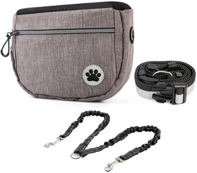 Dog Walking Waist Bag, Gray, Navy Blue, with Bungee Leash, Hands-Free Training Pouch, Treat Storage, Poop Bag Dispenser (Gray)