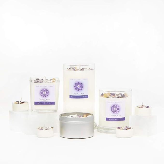 Crown Chakra Candle by New Moon Beginnings - Chakra Candles - Dried Flower, Herb, & Crystal Candles - Aromatherapy Candles - Soy Candle
