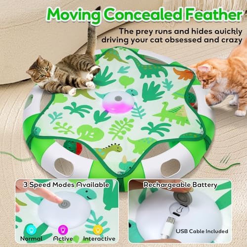 Cat Toys for Indoor Cats, Interactive Automatic Hide and Seek Toy, Moving Concealed Feathers Wand Teaser, Bird Chirping Squeaky, Touch Activated, Rechargeable Kitten Toys,Cat Bell Ball to Stimulate