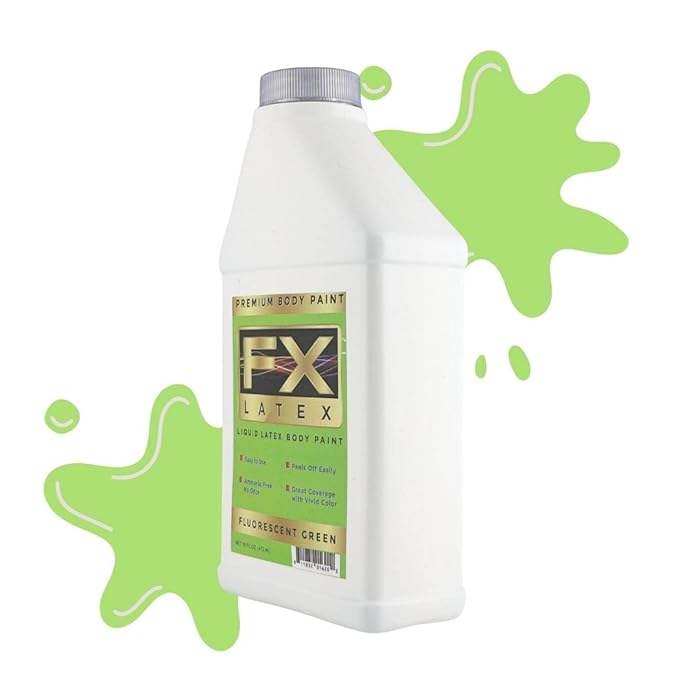 Liquid Latex - Face and Body Paint, Ammonia Free, Easy On and Off, Cosplay Makeup, Create Professional Monster, Zombie Arts 16 Oz (Fluorescent Green)