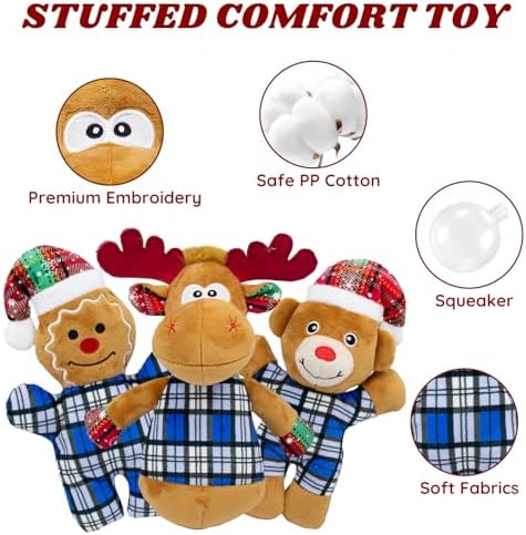 Christmas Dog Toys 5 Pack Blue Plush Squeaky Set with Santa Snowman Reindeer Bear Gingerbread Man for Small Large Medium Dogs for Gentle Play Easy Clean Not for Aggressive Chewers