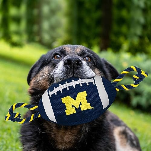 Pets First NCAA Michigan Wolverines Football Dog Toy, Tough Quality Nylon Materials, Strong Pull Ropes, Inner Squeaker, Collegiate Team Color