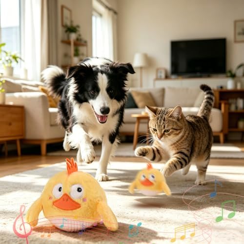 AUSCAT Interactive Moving Puppy/Cats Toys,Plush Bouncing Ball | Music & Recording | Rechargeable Self-Play Toys for Indoor Cats and Small Dogs to Keep Them Busy (Chicken)
