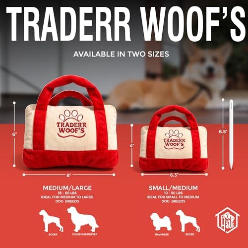 Traderr Woof's Squeaky Designer Dog Toy for Medium to Large Dogs – Soft Stuffed Plush with Squeaker, Embroidered Parody Dog Mom Gift for Dog Owners & Dog Lovers, 8"x6"