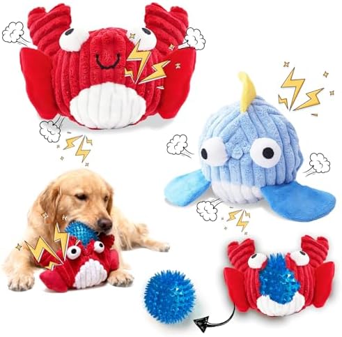 Squeak Dog Toys for Aggressive Chewers, No Stuffing Squeak Dog Chew Toys for Aggressive Chewers, Interactive Dog Toy Ball with Crinkle Paper for Medium Dogs, Large & Small Breeds (D-Crab+Whale)