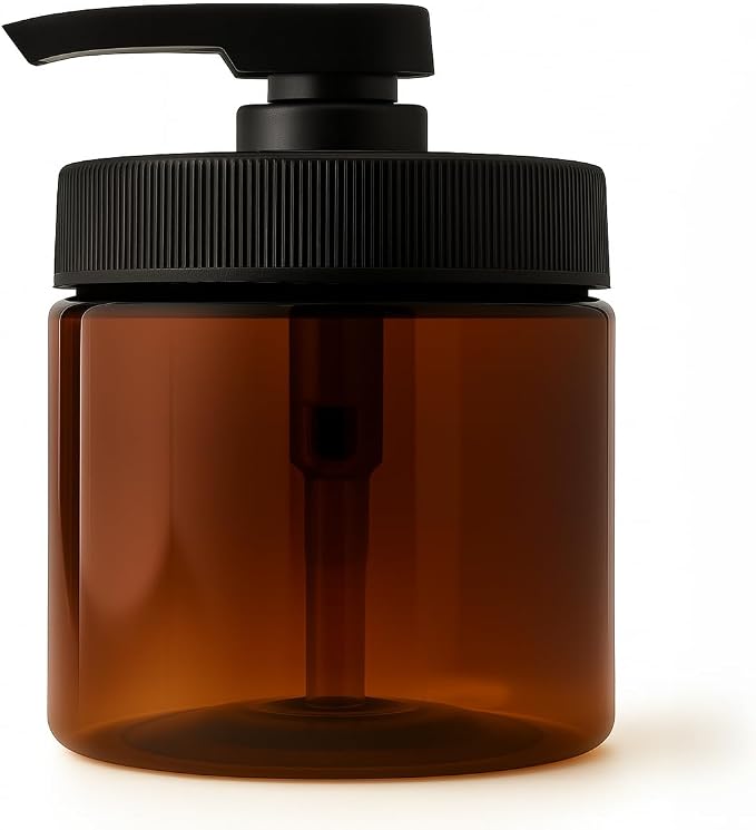 Royal Massage 16oz Refillable Pump Jar with Locking Dip Tube Dispenser – BPA-Free Plastic Container for Massage Oils, Lotions, Creams – Ribbed Lid Wide-Mouth Jar – Durable & Reusable (Amber/Black, 3)
