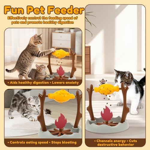 Cat Puzzle Toy - Cat Treat Dispensing Slow Feeder with 3 Dispensing Holes, Rotatable Roast and Flame Interactive Cat Treat Dispenser Toy, Enrichment Interactive Stimulation Toy for Indoor Kitty