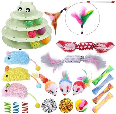 UPSKY 24 PCS Cat Toys Set with Teaser, Mice, Spring, and Various Ball Toys | Puzzle Kitten Toys, Sturdy Structure, Detachable Design, Easy to Assemble, Anti-Slip, Reduces Boredom for Indoor Cats