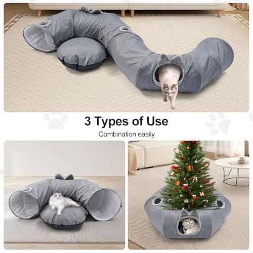 Linen Cat Tunnels with Central Cat Bed, Interactive Cat Toys Detachable Washable Soft Mat Large Indoor Play Tunnel Cave for Kittens and Small Animals