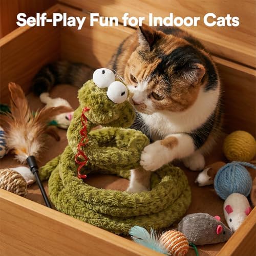 ZEZE Forest Snake Spring Interactive Cat Toy with Scratch Base, Bouncy Spiral Plush Teaser with Crinkle Sound & Ribbon, Self-Play Boredom Relief for Indoor Cats