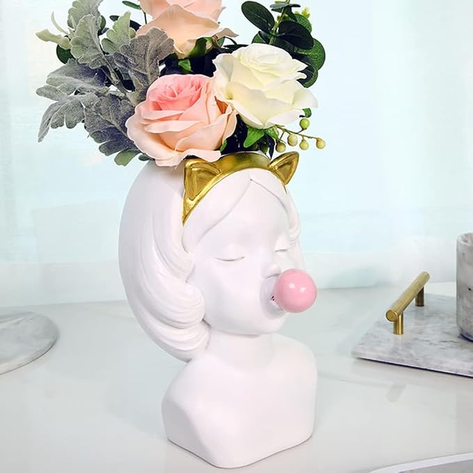 Bubble Blowing Girl Plant Pot Vase Cute Flower Vase Funny Planter Flowerpot Cactus Succulent Planting Pot Makeup Brush Holder Tabletop Storage Jar Art Figurine Statue Home Office Decoration