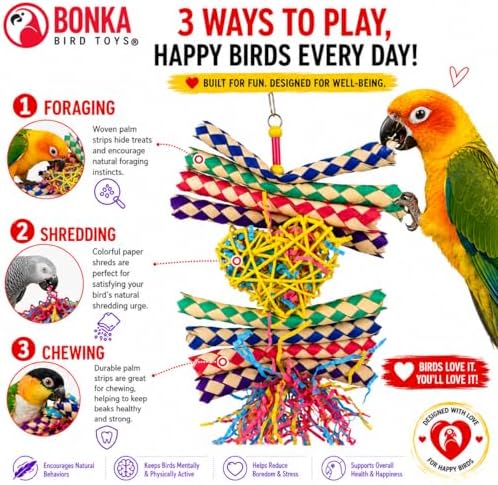 Bonka Bird Toys 1730 Foraging Valentine Heart Bird Toy for Medium Birds Shredding and Chewing Cage Toy Colorful Palm Leaf and Paper Foraging Toy 9" x 6"