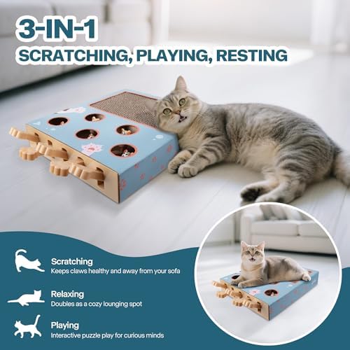 PAWISE Interactive Cat Scratcher Toy - 3-in-1 Cardboard Cat Scratching Board & Interactive Puzzle Toy Box for Indoor Cats, Nail File Scratch Pad with Pop-up Mice, Cat Enrichment Toy for Kitten