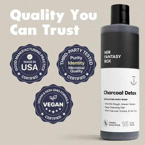 Her Fantasy Box | Charcoal Detox Exfoliating Body Wash – Activated Charcoal & Pumice Deep Cleanser with Tea Tree & Eucalyptus, Refreshing Exfoliation for Smoother Skin, Vegan & pH Balanced (8 oz)