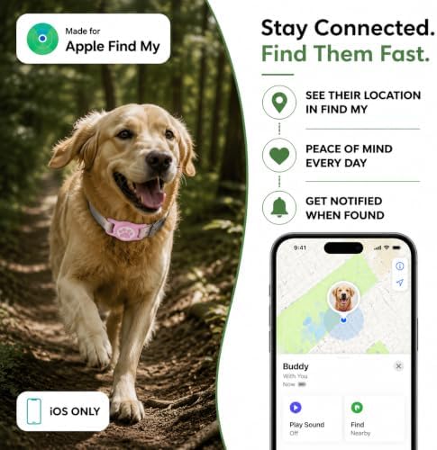 Dog Tracker with Apple Find My, GPS Pet Tracker for Dogs and Cats | Real-Time Location Tracking, No Monthly Fee or SIM Card, Waterproof Dog Collar Tracker with Holder, iOS Only