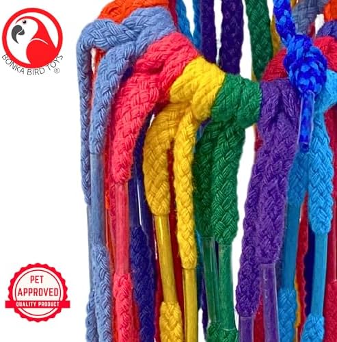 Bonka Bird Toys 51214 Small Aglet Heaven Cotton Shoelace Toy with Plastic Aglets and 2" Ring for Parakeets Cockatiels Quakers Pionus Small Bird Enrichment