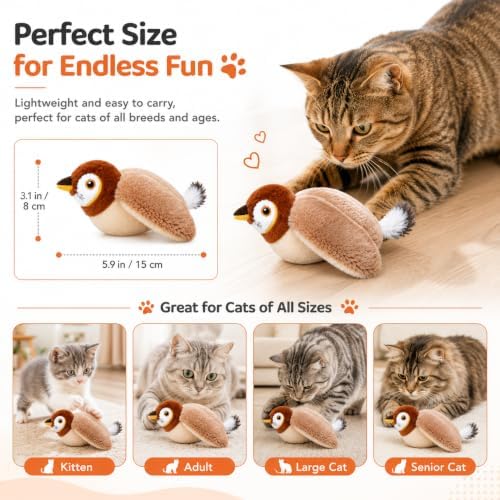 Tweetpaw Cat Toy with 3 Flapping Modes and Catnip, Realistic Chirping Sound, Rechargeable Interactive Toys for All Breeds Cat，Brown