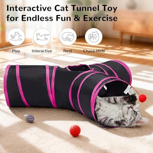 Tempcore Cat Tunnel, 3-Way Collapsible Toy for Indoor Cats, Black & Red