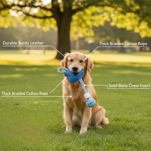 Squirrel Shape Dog Rope Toy with Natural Suede Leather, Interactive Tug and Chew Toy for Medium and Large Dogs, Knotted Cotton Rope for Teething, Fetch and Daily Indoor Play