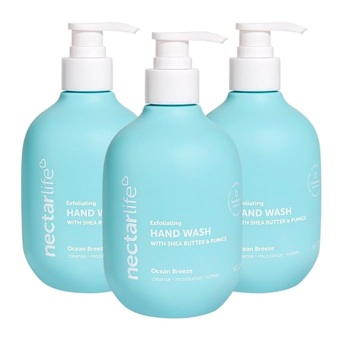 Nectar Life Exfoliating & Moisturizing Hand Wash 3-Pack, Volcanic Pumice for Hand Scrub, Shea Butter Softens Hands, Clean Vegan Ingredients, Ocean Breeze Scent