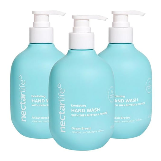 Nectar Life Exfoliating & Moisturizing Hand Wash 3-Pack, Volcanic Pumice for Hand Scrub, Shea Butter Softens Hands, Clean Vegan Ingredients, Ocean Breeze Scent