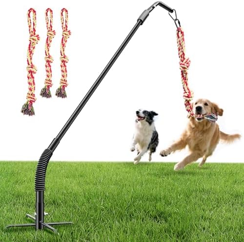 Tether Tug Outdoor Dog Rope Toy, Adjustment Height Upgraded Spring Pole, Includes 3 Chew Ropes, Interactive Tug of War Toy for Large Medium Small Dogs, Exercise Game in Yard, Lawn, Park