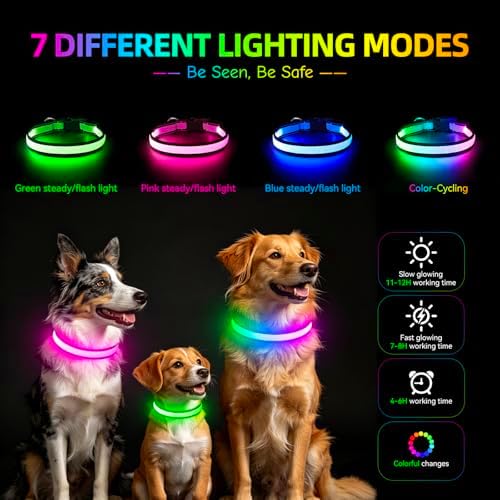 Flashseen Multicolor LED Light Up Dog Collar, RGB 9-Mode, USB Rechargable