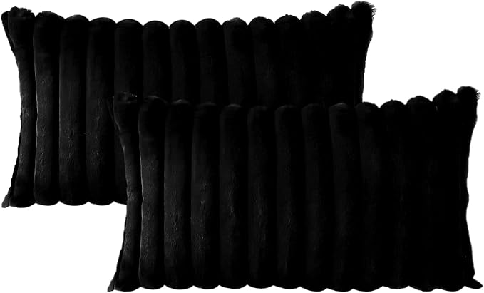 Soleebee Set of 2 Throw Pillow Covers Soft Cozy Velvet Pillowcase Faux Rabbit Fur Cover for Couch Sofa Bed Chair Home Decorative Pillows Cover (12x20 Inch, Black)