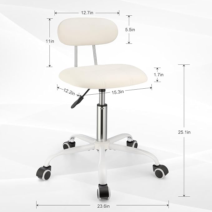 Square Rolling Stool with Backrest Height Adjustable Chair Swivel Drafting Chair Stool Chair with Wheels Stable Base Foot White