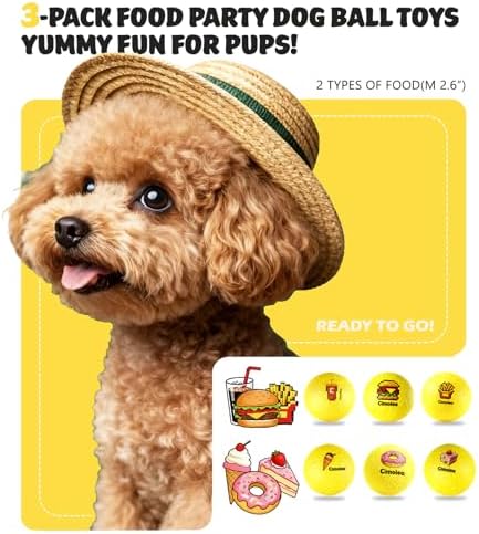 Dog Balls Tennis Balls for Dogs, Interactive Dog Toys for Aggressive Chewers, Dog Toy to Keep Them Busy, Puppy Chew Toys for Teething, Durable Dog Ball for Medium Small (Fast Food-2.6")