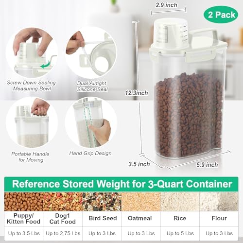 TBMax Small Dog Cat Food Storage Containers 2 Pack, Travel-Friendly Pet Food Container with Spout & Measuring Cup, Kid-Friendly Pet Feeding Dispenser, Portable Dog Treat Bird Seed Container -Beige