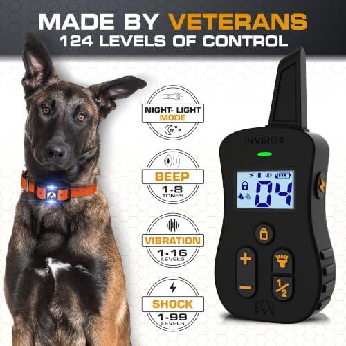INVIROX Ultra K9 Shock Collar for Large Dogs with 124 Training Levels | Veteran-designed, for Reactive Stubborn or Hard-to-Train Dogs, ¾ Mile Range, Night-Light Mode, Safe Communication