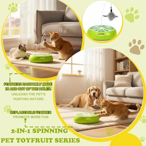 Puffluv Interactive Cat Toy,2 in 1Fruite Shape Toys with Electric Moving Concealed and Hanging Feathers Pop and Play Hide Seek, Hunting Tpye-C Rechargeable-Green Lime