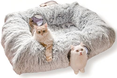 XxingSheep 4-Cave Plush XL Cat Tunnel Bed Indoor Cats Peekaboo Toy Mat Grey