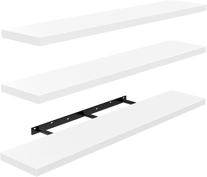 AMADA HOMEFURNISHING 47.2" L Floating Shelves, Wall Shelves Set of 3 for Bathroom/Living Room/Bedroom/Kitchen, White Floating Shelves for Wall Decor with Invisible Brackets - AMFS55W