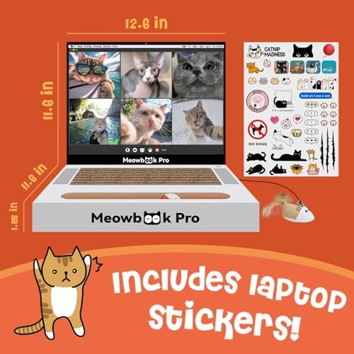 2PCS Cat Scratcher Laptop with 'Mouse' Jingle Ball, Stickers, 3-in-1 Cardboard Cat Interactive Toy, Kitten Toy & Cat Scratching Pad